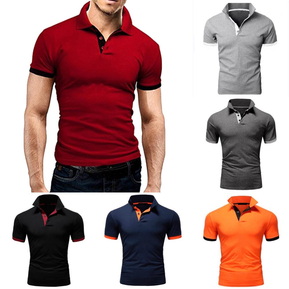 

Мужской воротник На пуговицах Пэчворк Простые рубашки поло Slim Fit Повседневные летние топы