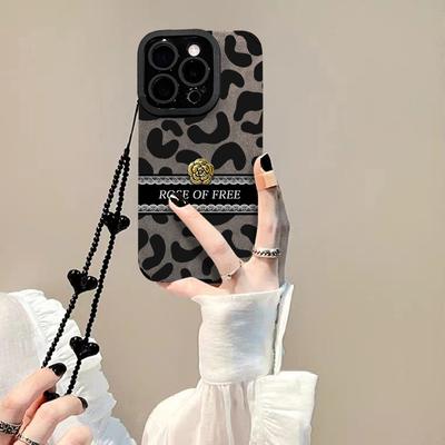 Leopard Print Camellia Chain Suitable for Apple 16 Mobile Phone Case 15pro Fur 14 Full Cover Anti-fall 13/12 Fine Hole