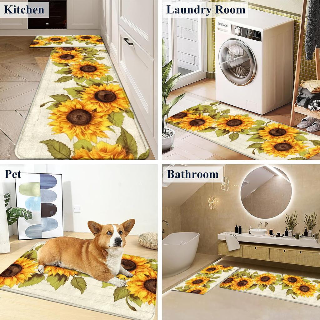 2PC Country Sunshine Sunflower Oil Painting Kitchen Mat Non Slip Oil Proof Runner Rug Cozy Living Room Bedroom Decor