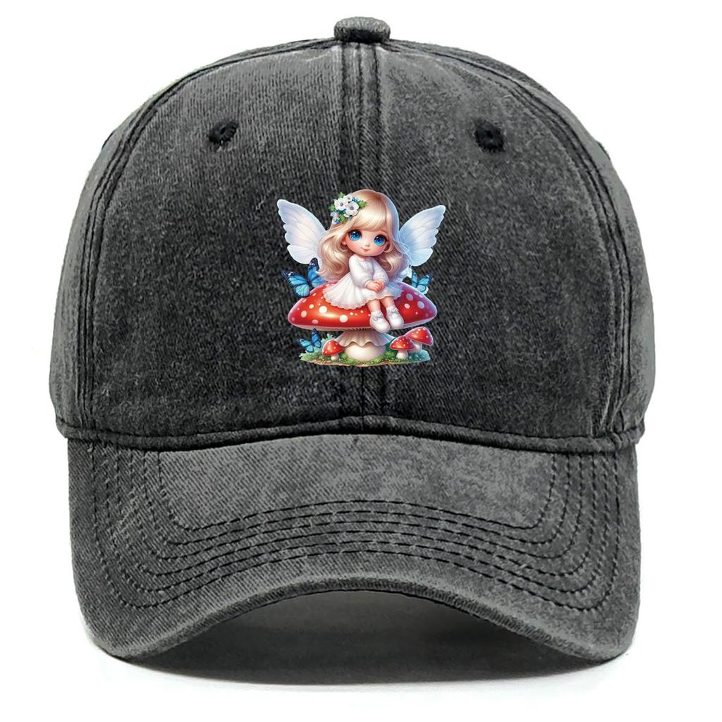 Angel Mushroom Print Snapback Baseball Hat, Trucker Hat Retro Curved Brim Leisure Stylish Adjustable Sun Hat