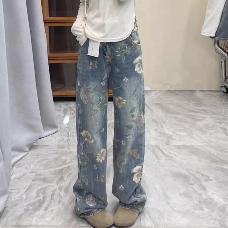 

Женские ретро джинсы с широкими штанинами с цветочным принтом - Летний дизайн, Свободный крой, Тренд длины в пол 3XL