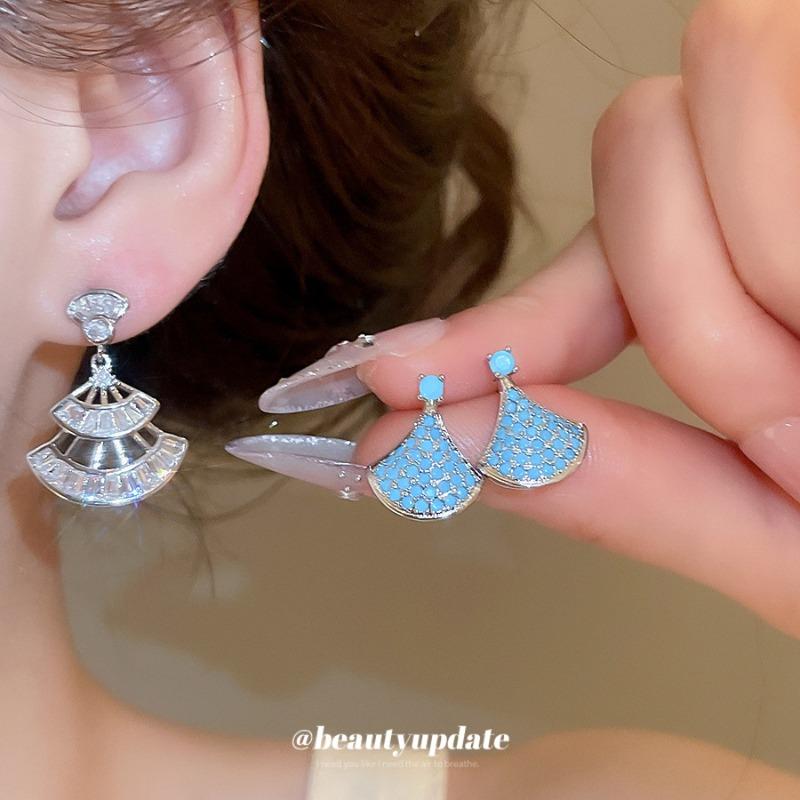 Korean silver needle zircon fan stud earrings light luxury high sense exquisite versatile earrings new huge good-looking earrings