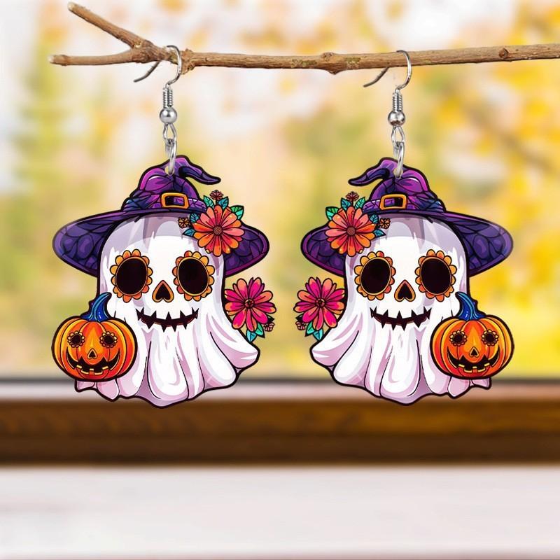 Ghost Themed Halloween Pumpkin Flower Pattern Women Alien Earrings Acrylic