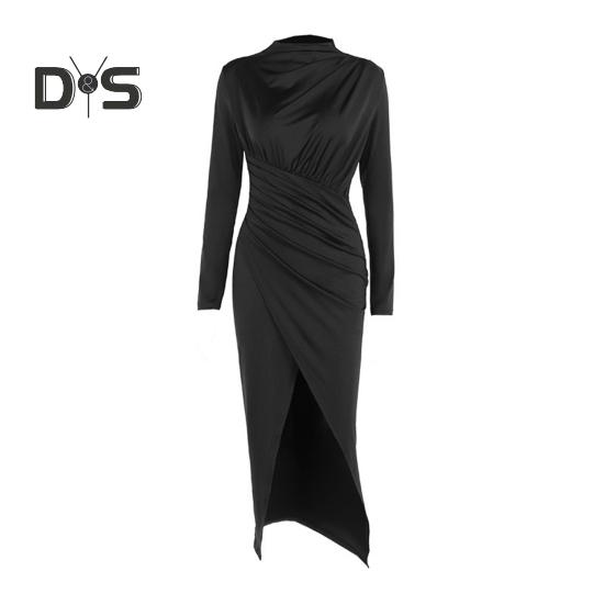 Women Bodycon Maxi Dress Long Sleeve Half-high Neck Dress Front Slit Ruched Formal Dress for Cocktail Party Wedding Date Vacation Dinner