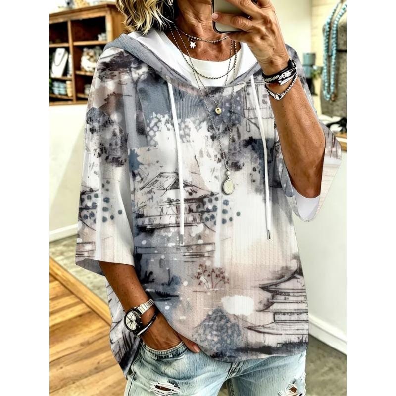 Kadın Plus-Size Kapüşonlu Sweatshirt, Zarif Rahat Sade Desen Baskılı, Modaya Uygun ve Çok Yönlü