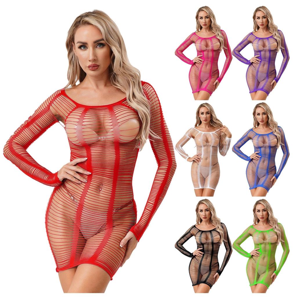 Womens See Through Mesh Fishnet Lingerie Nightgown Mini Slip Dress Nightwear