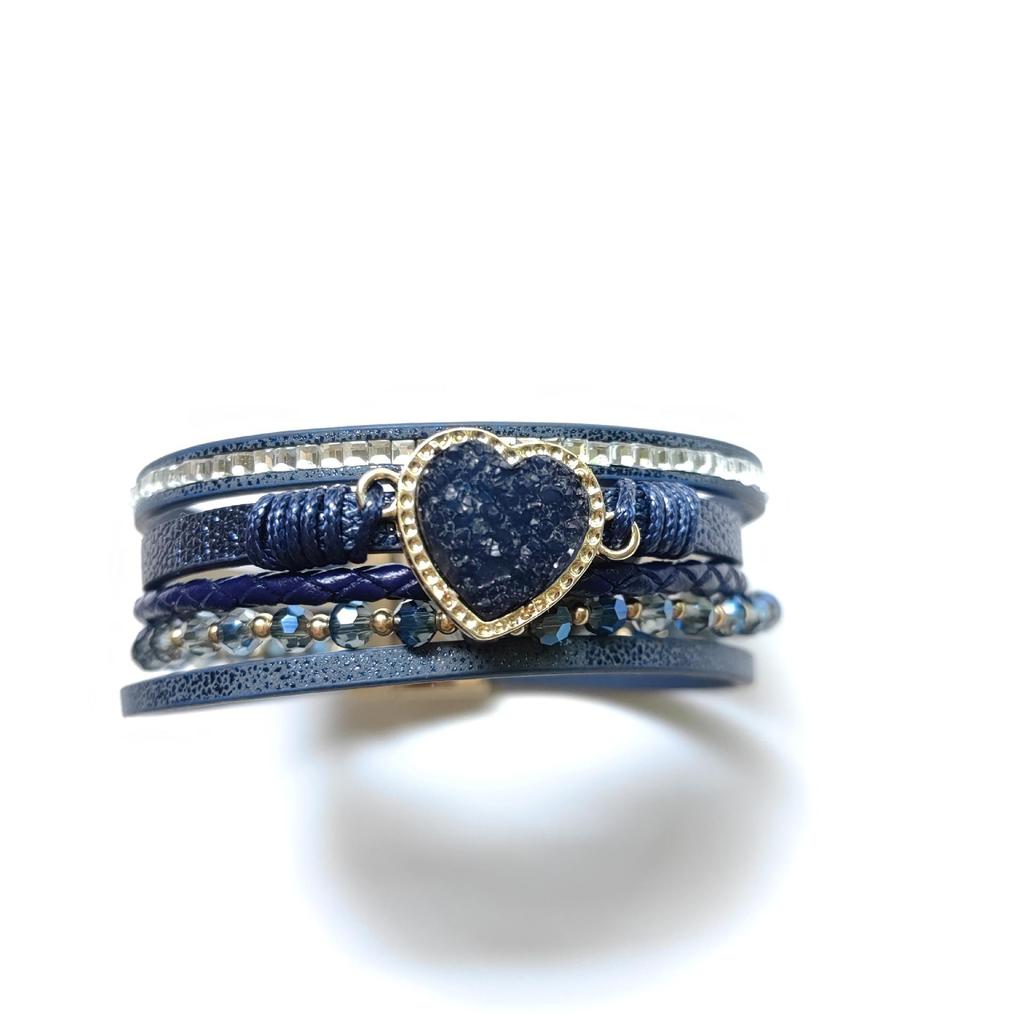 Women's Heart Bracelet: Handmade Multi-layer Leather with Magnetic Buckle and Rhinestone Inlay.