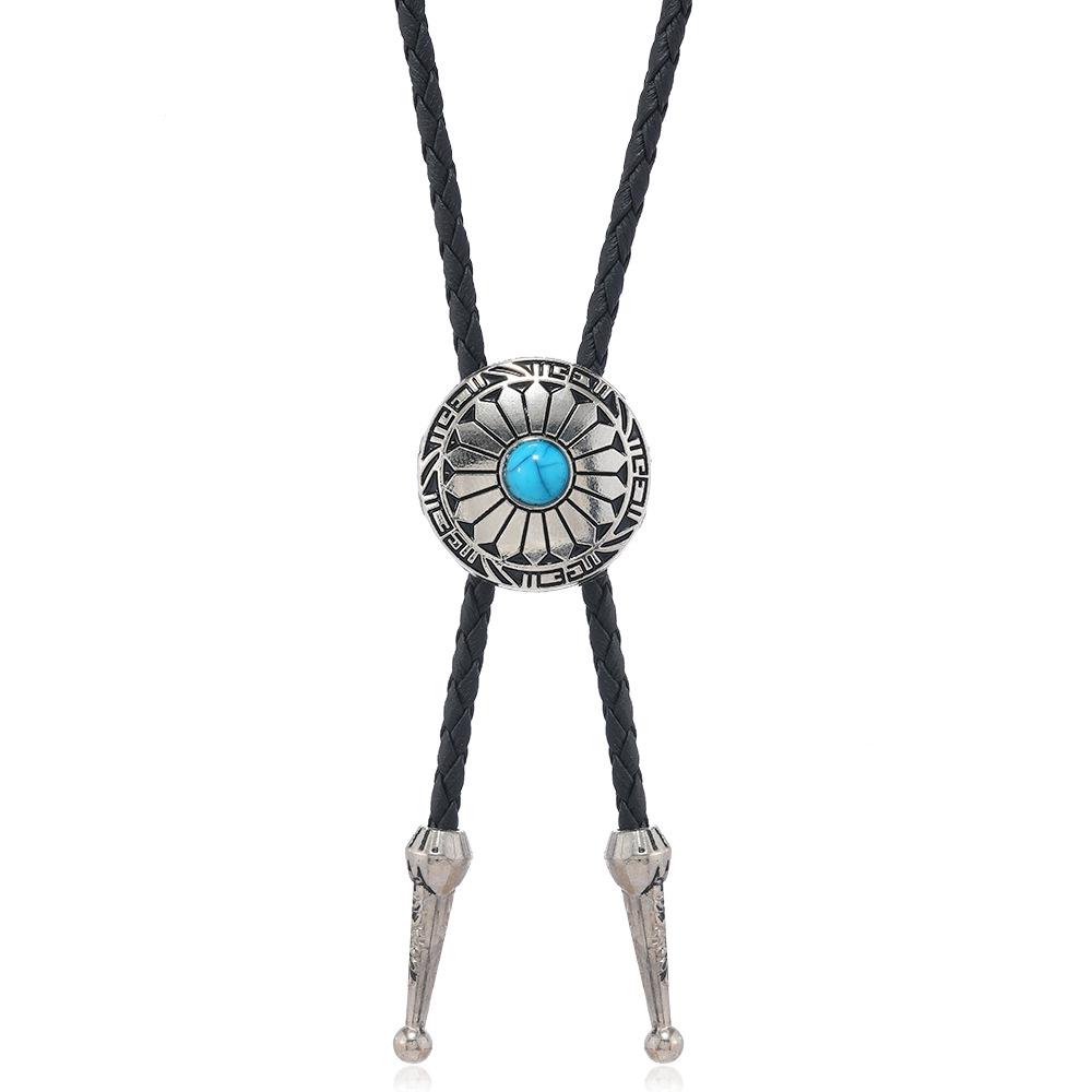 Adjustable Western Cowboy Bolo Tie with Alloy Pendant and Leather Necklace