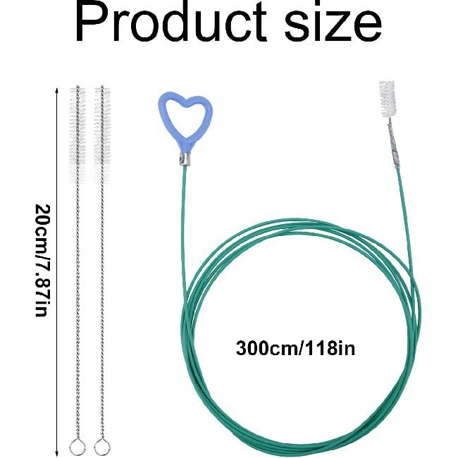 Sunroof Drain Cleaning Tool, 118in Long Wire Pipe Cleaner with 2 Straight Flexible Cleaning Brushes Heart Handle Design Drain Snake Unclogger Hole