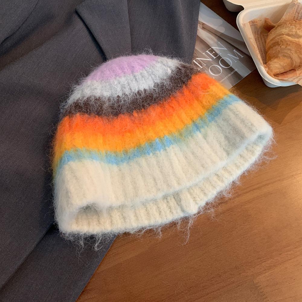 Colorful Striped Knitted Hat Soft Cotton Crochet Beanie Hat New Woolen Bucket Cap  Unisex