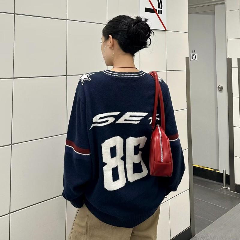 Oversized V-Neck Numeric Knit Sweater Men Women Casual Streetwear Loose Fit Pullover 2026