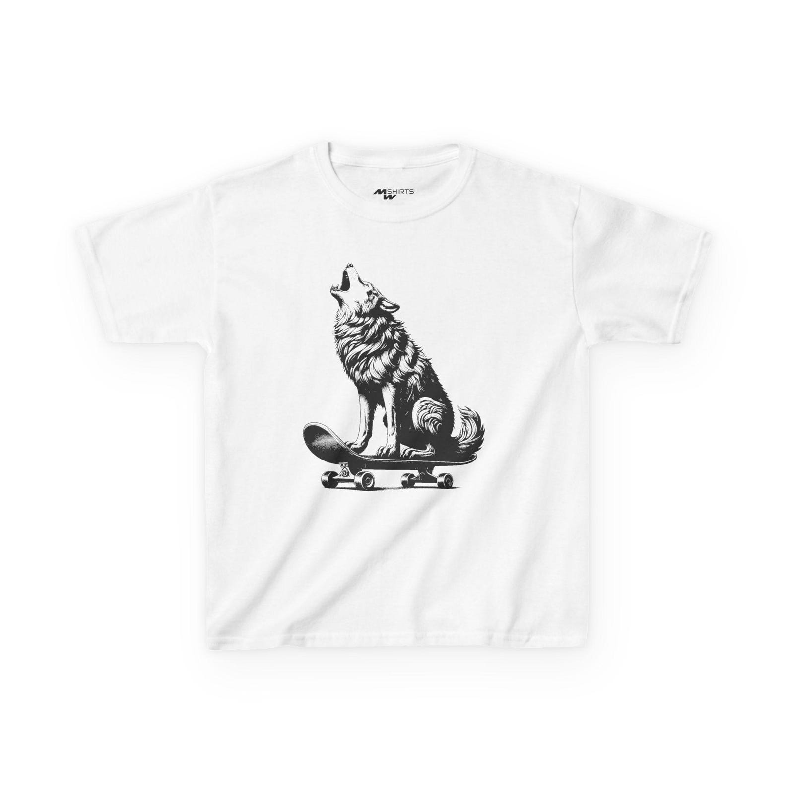 Skateboarding Wolf Kids Tee, Animal Skater Graphic T-Shirt S