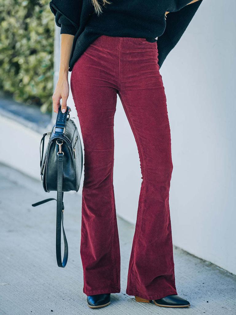 Spring Summer Women's Solid Color High Waist Slim Fit Flared Trousers Velvet Waist Casual Pants