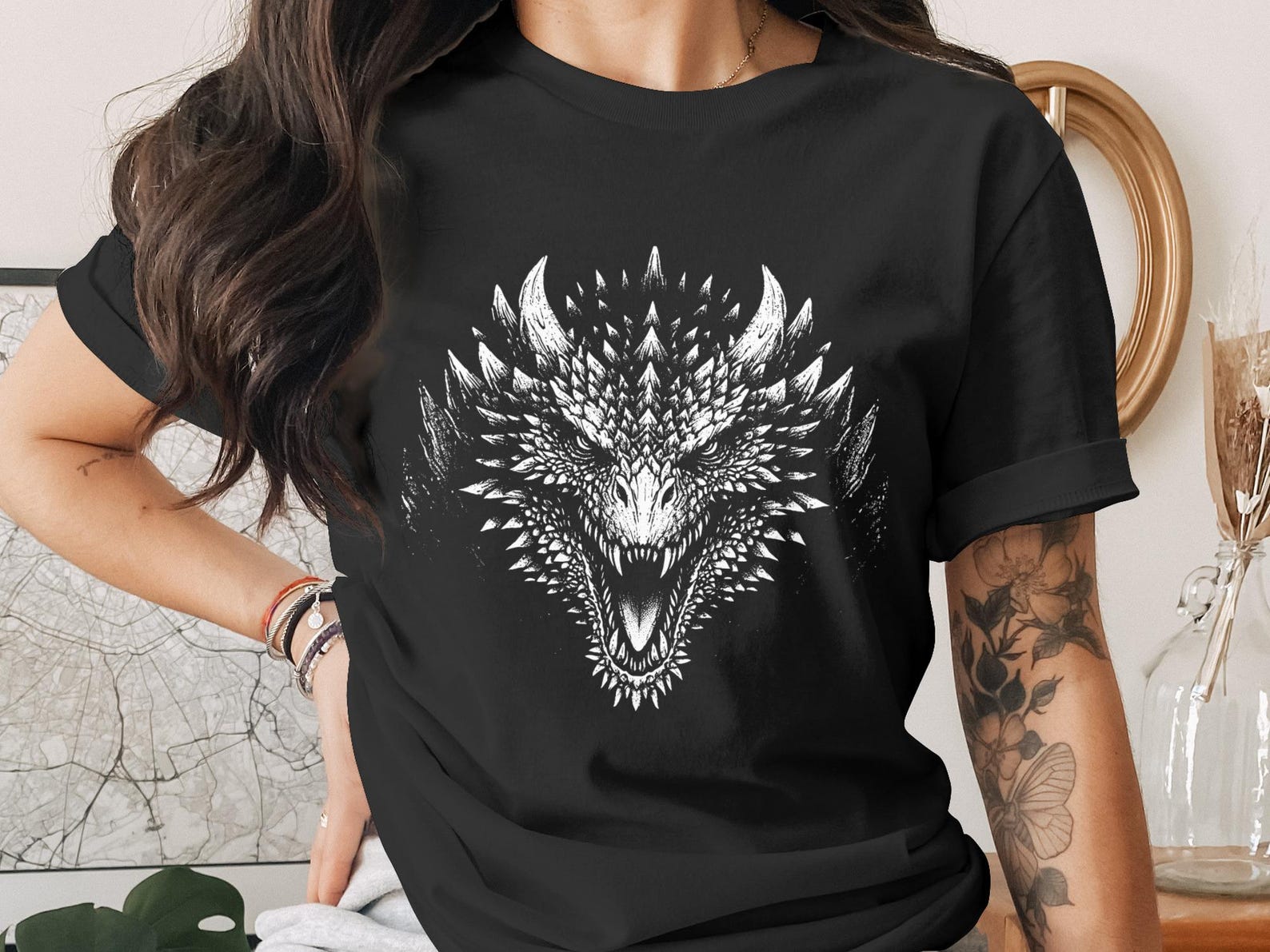 Dragon Head T-Shirt, Fierce Mythical Creature Tee, Dark Fantasy Art Apparel, Gamer Gift, Gothic Style Graphic T-Shirt, DnD Dragon Shirt 4XL