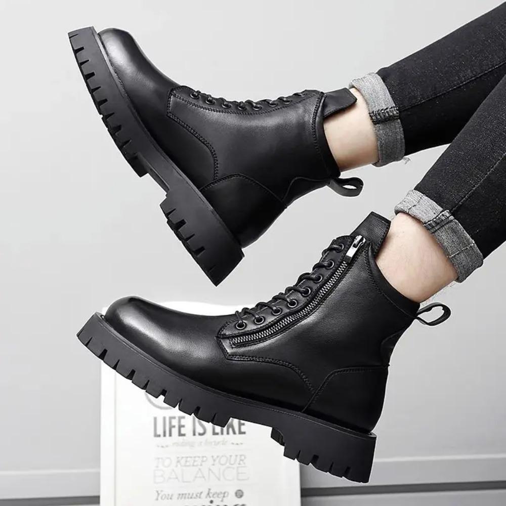 Men's High-top Soft Leather Medium-top Thick-soled Tooling Locomotive Versatile Height-increasing Winter Velvet Cotton Shoes