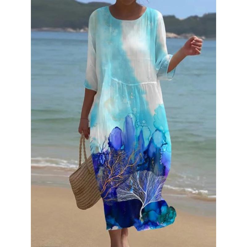 Women's Round Neck 3/4 Sleeve Midi Dress Casual Loose Solid Color Beach Vacation Long Dress