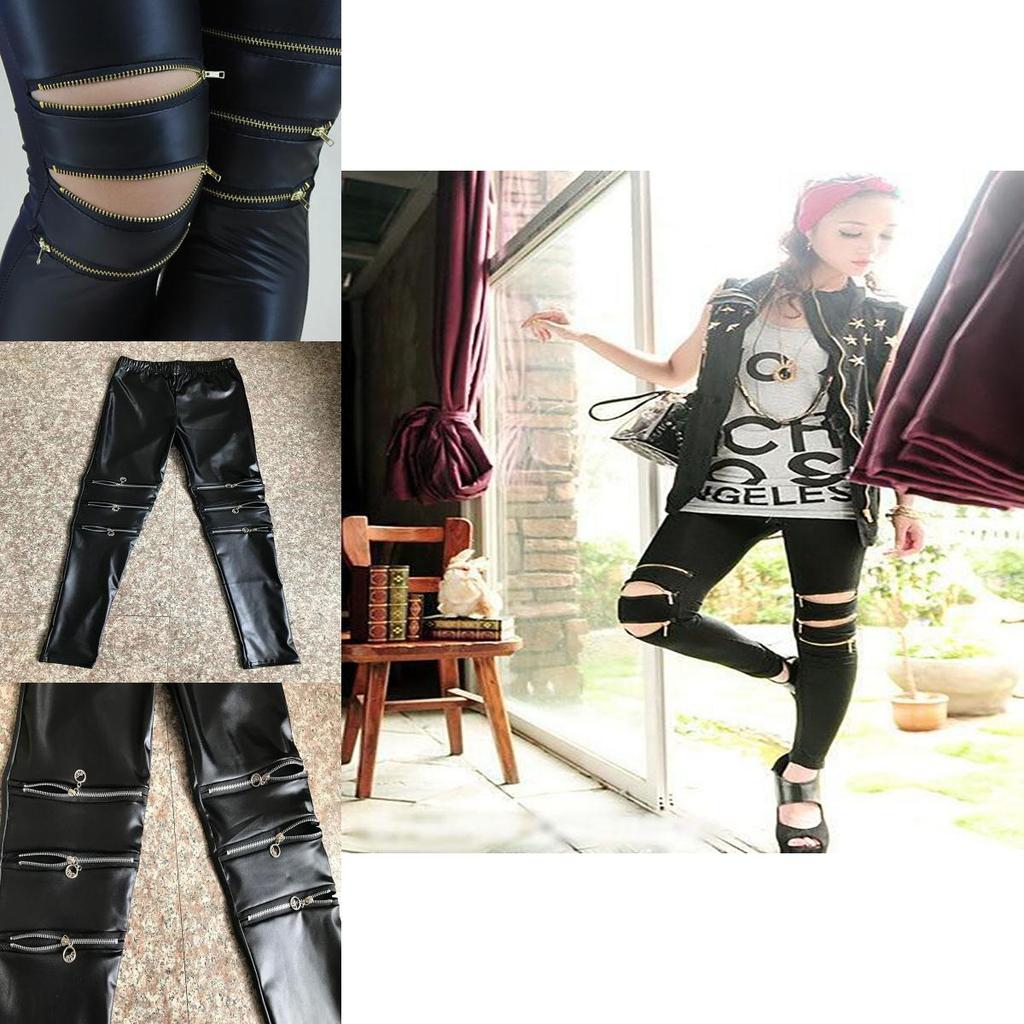 Classical Fit Slim Sexy Three Zipper Bright Leather Stretchy Leggings Pants