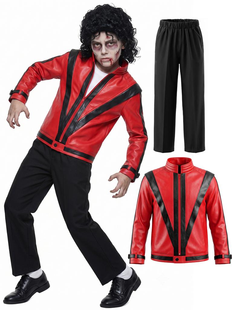 Dětský červený kožený oblek Michael Jackson, Kostým pro chlapce na jevištní vystoupení, Halloweenský outfit