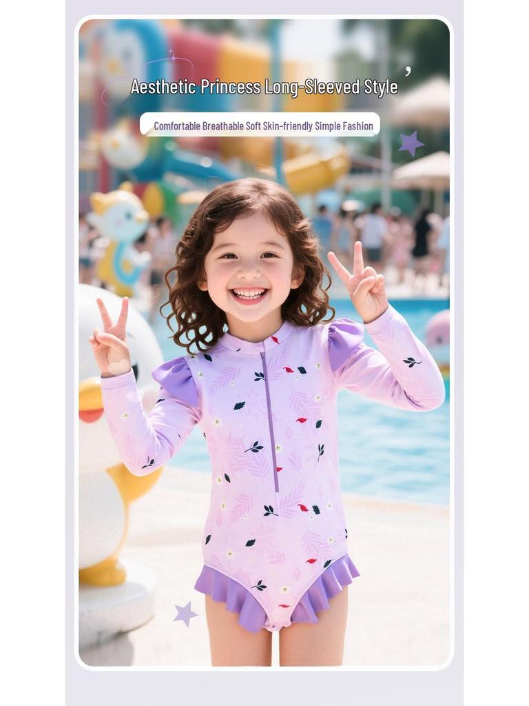Girls' Long Sleeve Sun Protection Quick-Dry One-Piece Swimsuit