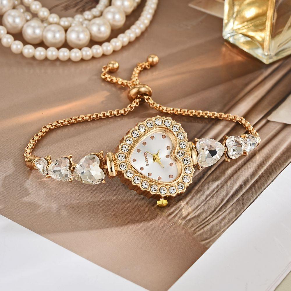Elegant Alloy Women Watch Heart-shaped Diamond Quartz Wristwatch Adjustable Strap Bracelet Watch Daily