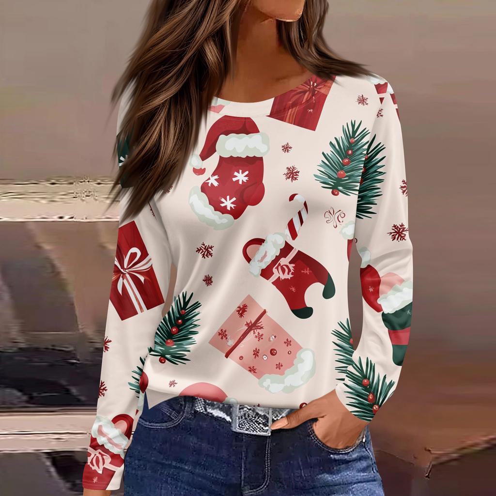 Women's Fashion Casual Slit Hem Round Neck Long Sleeve Loose Christmas Printed T-Shirt Ladies Top