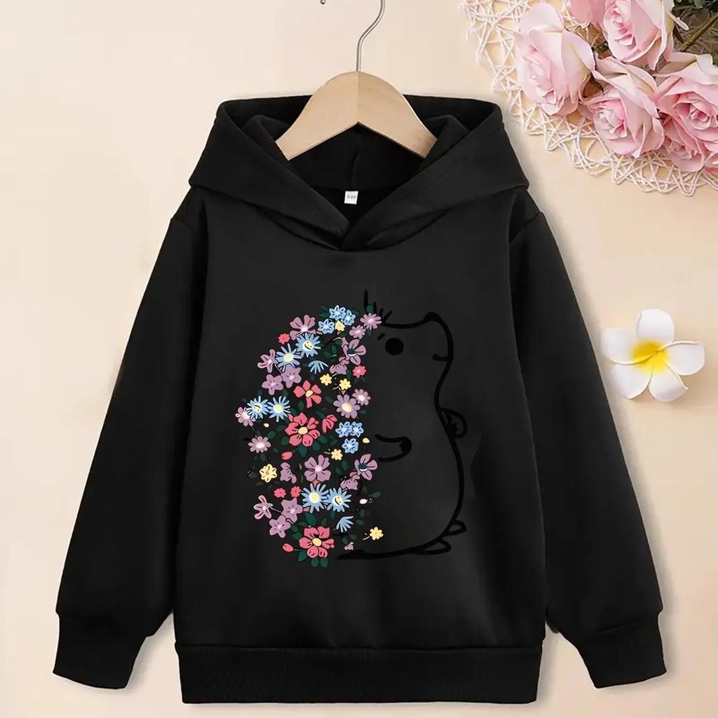 Kids Hedgehog Graphic Hoodie Cute Animal Floral Print Girls Boys Pullover Sweatshirt Long Sleeve Hooded Top Casual Streetwear