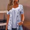 2025 Spring/Summer Women's Fake Two-Piece Short-Sleeve Button Print Top