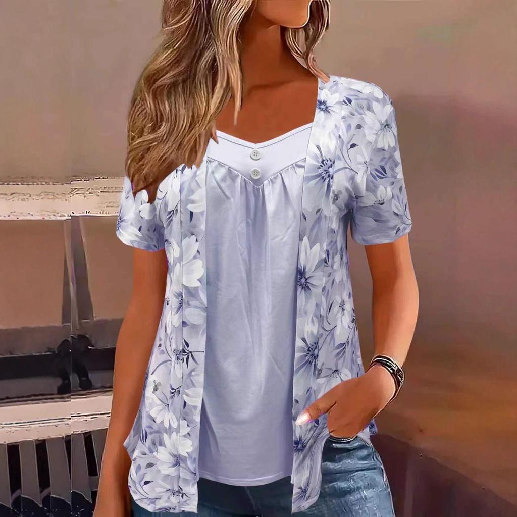 2025 Spring/Summer Women's Fake Two-Piece Short-Sleeve Button Print Top