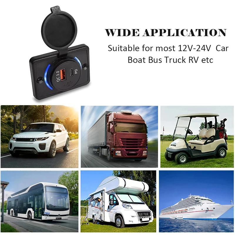 24V USB Fast Charging Socket RV USB Socket Panel 38W Fast Charging Car Charger Socket with LED Light for Car Bus Truck Boat ATV