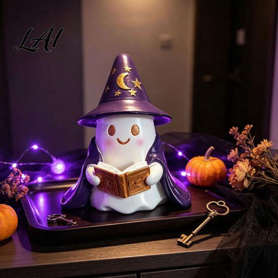 Whimsical Ghost Sculpture Lighted Figurine Resin Wizard Statue with LED Light Cute Indoor Halloween Accessories Reading Book Night Light for