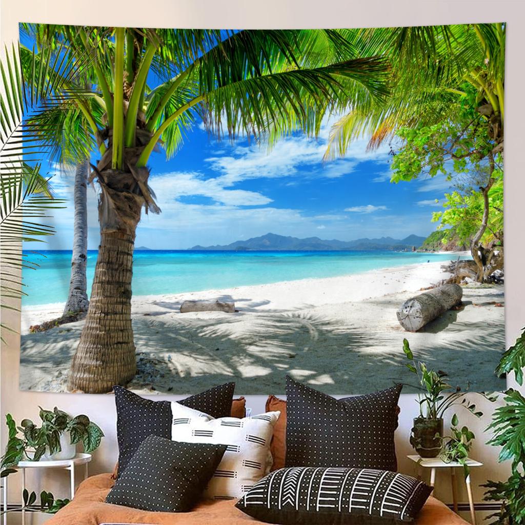 1pc Beach Coconut Tree Tapestry, Seaside Beach Natural Landscape Tapestry, Blue Sky Ocean Home Decoration Tapestry