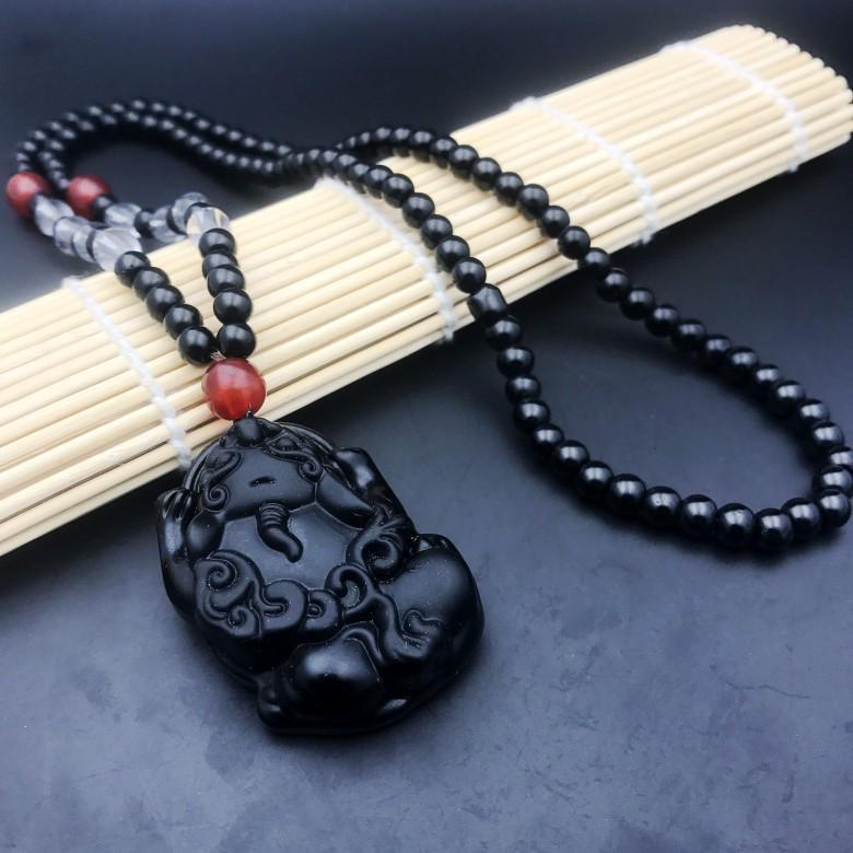 Men's Domineering Pixiu & Dragon Necklace with Guan Yu Pendant - Imitation Obsidian Couples Gift