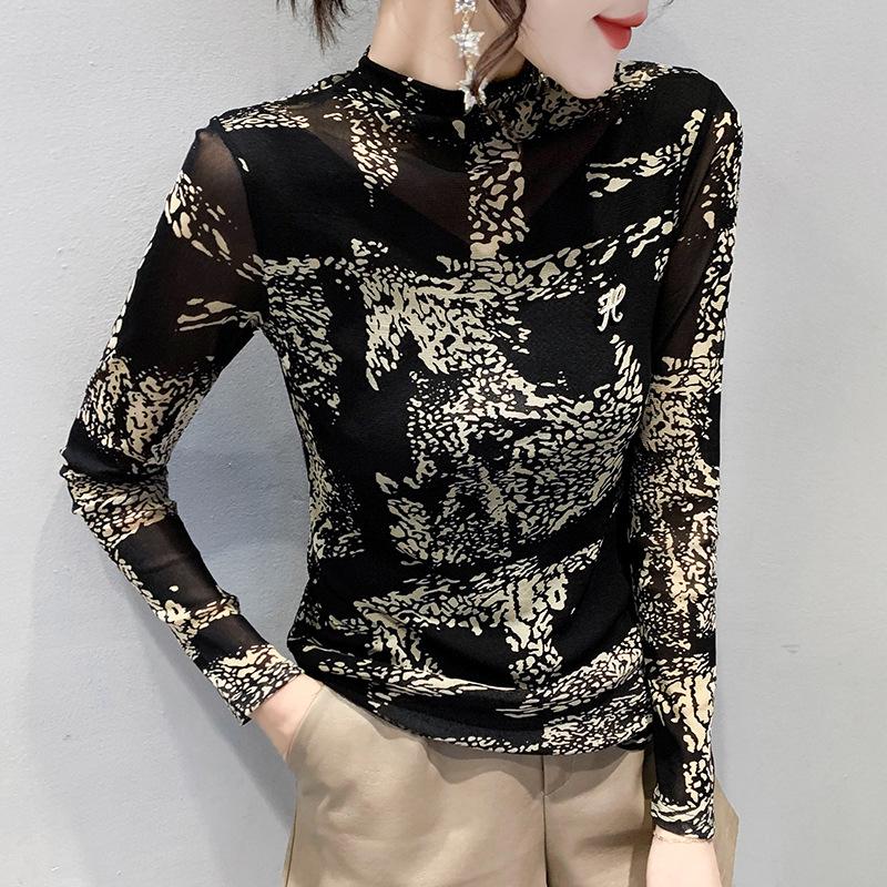 European 2024 Autumn/Winter Rhinestone Mesh Slim Fit Long Sleeve Top
