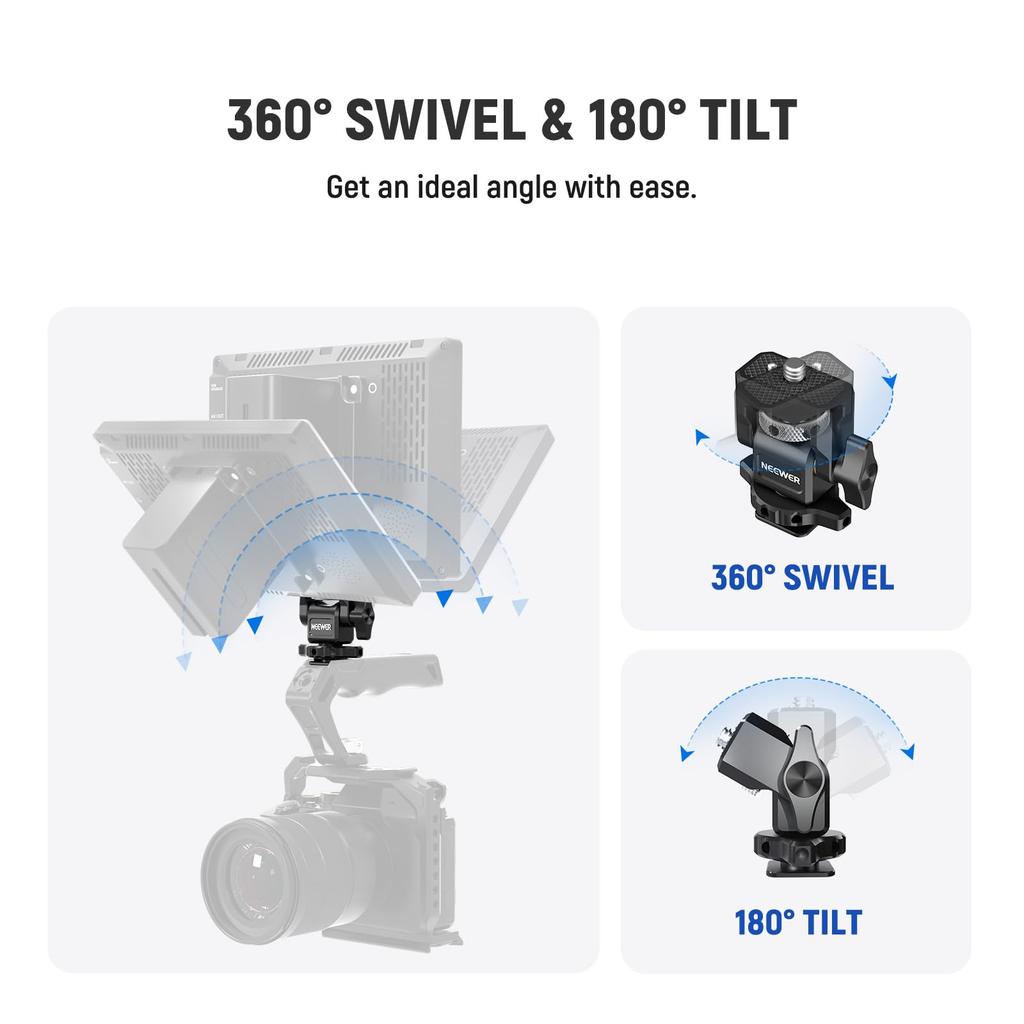 NEEWER Kameramonitorhalterung mit Cold Shoe für den Außeneinsatz Kompatibel mit Ninja Rotation Neigbar Verstellbar MA006 Schuh, Verdrehsicherer 1/4" Schraube, 5"-7" Monitore, V,