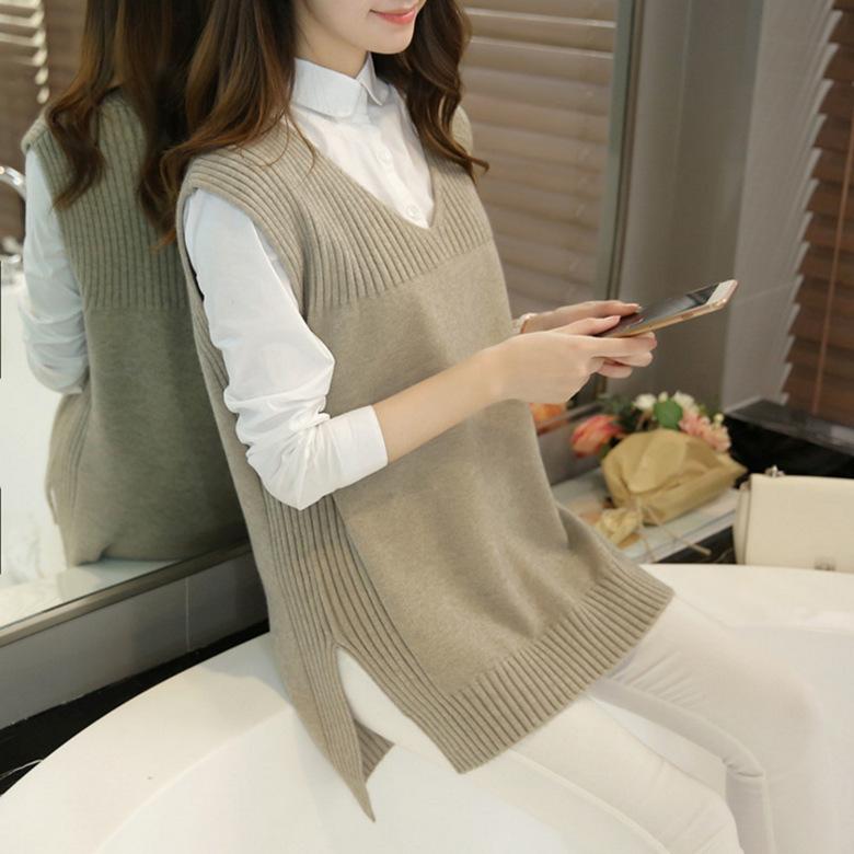 Mid-length Sweater Vest Women's Korean-style Solid Color Loose Knitted Sweater Large-sized V-neck Knitted Sweater Vest