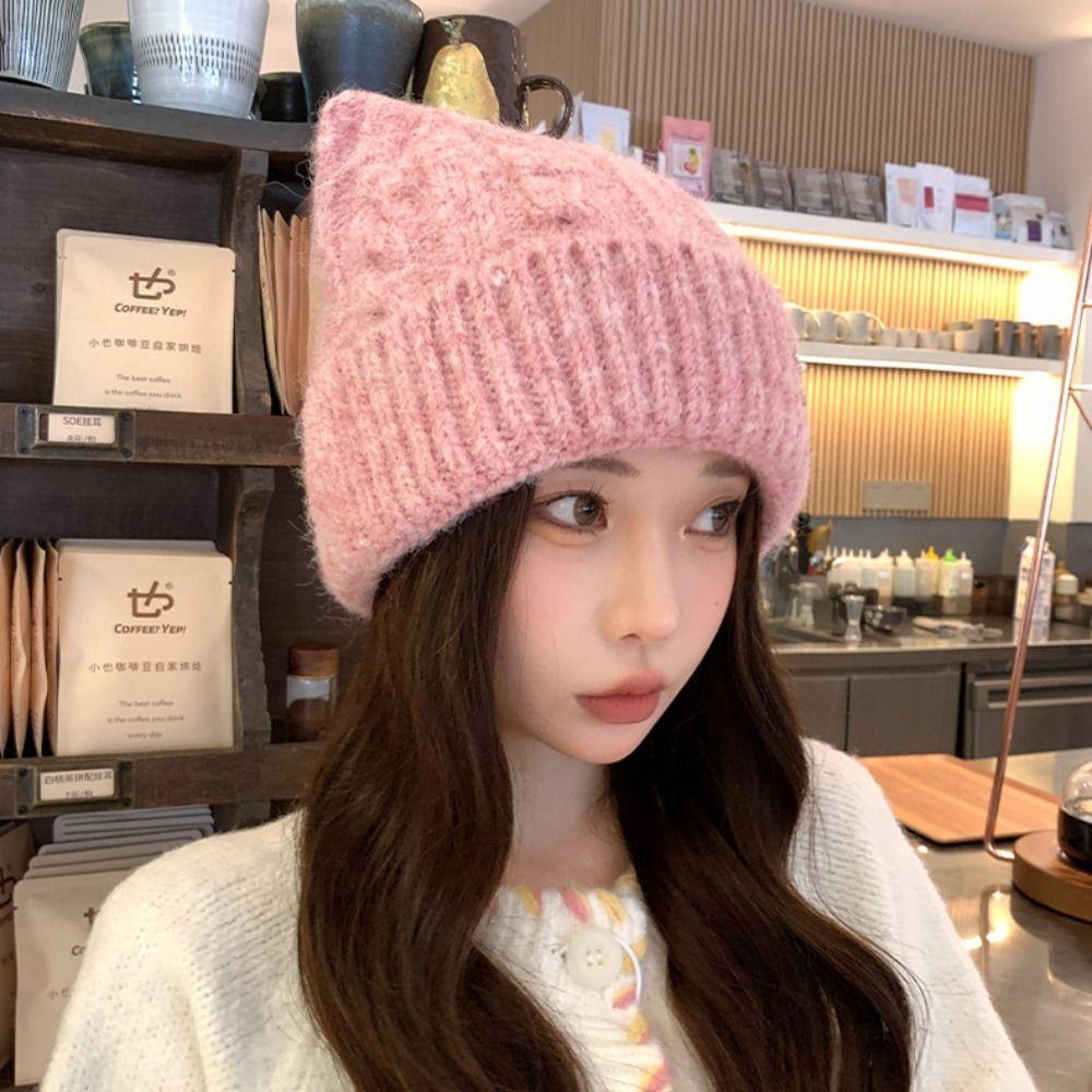 Solid Color Cat Ears Pullover Hat Japanese Style Women Beanie Hat Autumn Winter