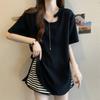 Women Asymmetrical Cut-out T-shirt with Chain Detail Crew Neck Short Sleeve Oversized Loose Fit Solid Color Tee