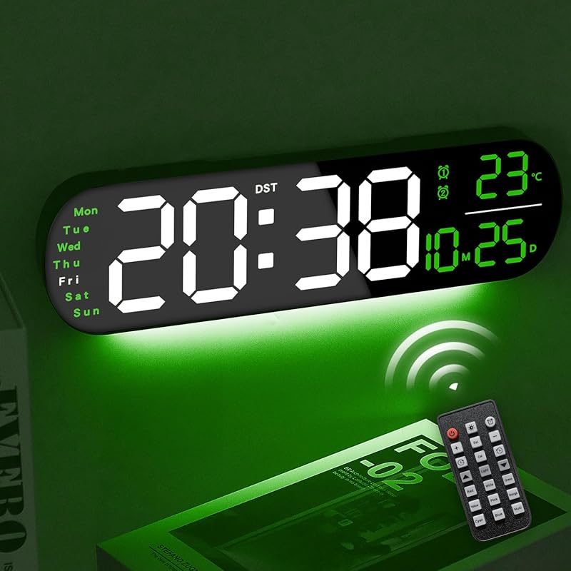 13.7" Digital Wall Clock Large Display with Remote Control,Dual Alarm,Auto-Dimming,Big Digits,Auto DST Clock for Bedroom Living Room Decor with 9