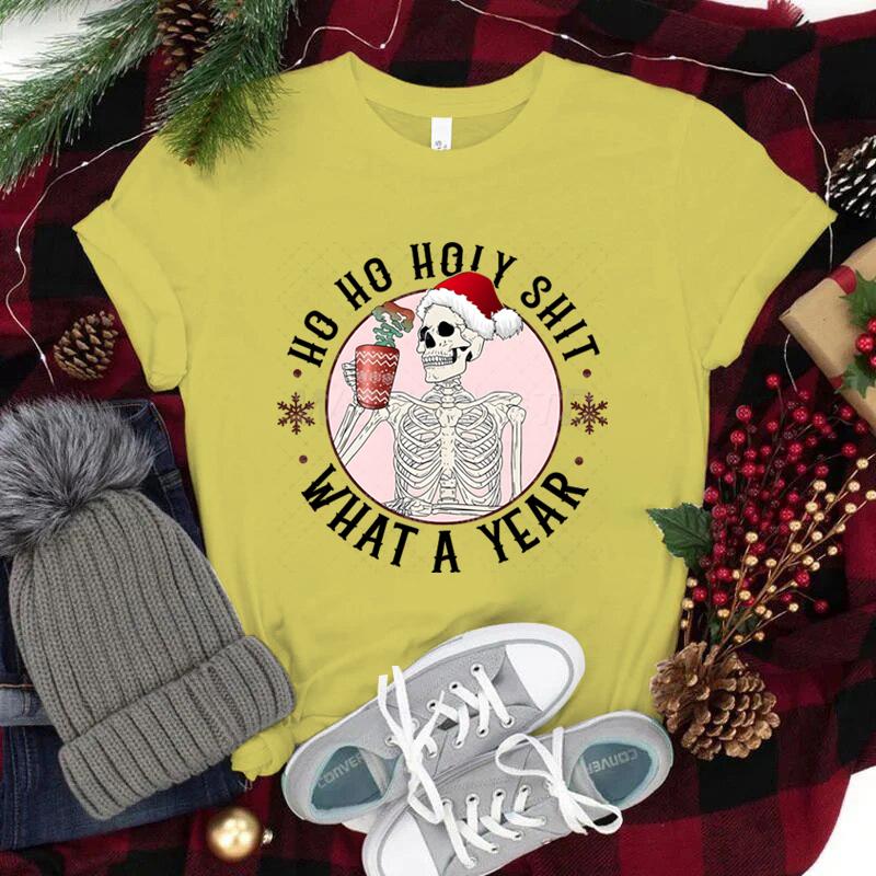

Ho Ho Ho Christmas Short Sleeve Tshirt for Women Christmas Santa Hat Skull Street Style Clothes Women Trendy New Year Tshirt 4XL