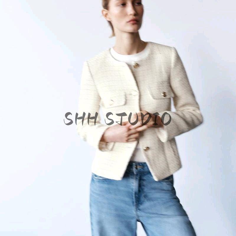 Spring New Women's Wear with Shoulder Pad Round Neck Long Sleeve Lace Belt Texture Blazer Outerwear 2409113