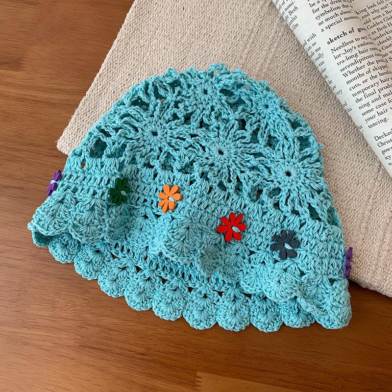 Hand Crocheted Flower Knitted Hat Children's Autumn Face Small Versatile Wool Hat Big Head Circumference Hollow Hat