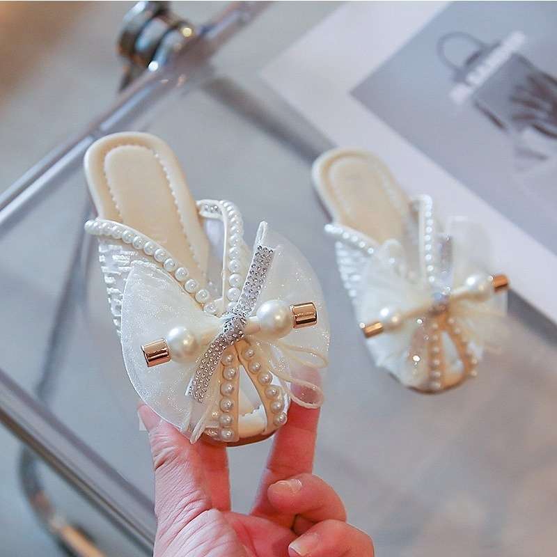 Girls' princess baotou slippers 2025 summer new fish mouth Korean version fashion middle and older children's bow rhinestone one-word drag