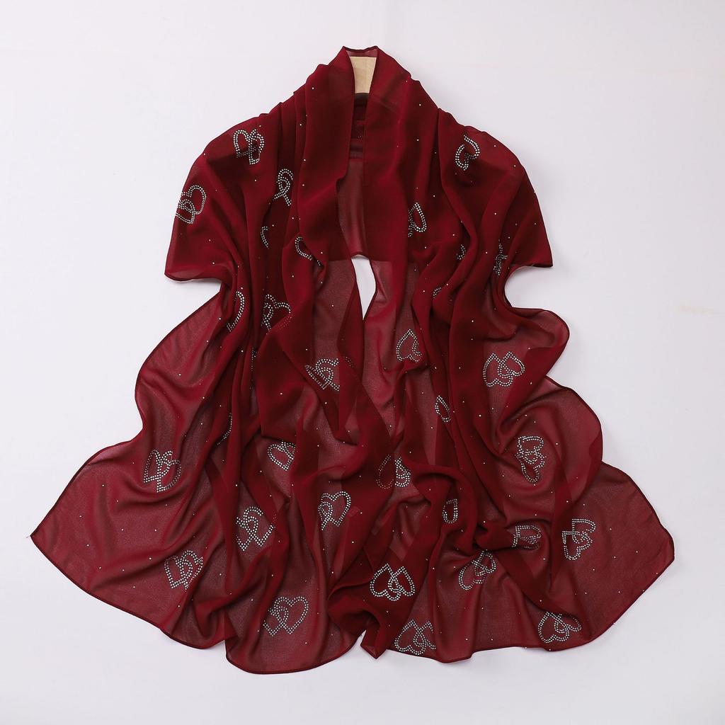 Chiffon Long Scarf Double Heart Rhinestone Ethnic Headscarf For Women