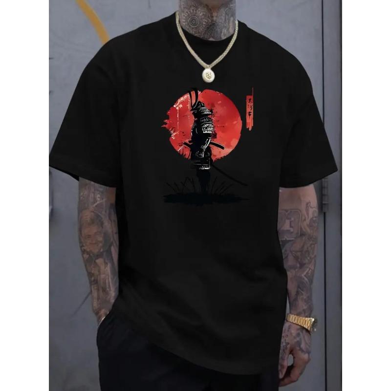 European Size Men's Samurai Warrior Graphic T-Shirt - Cotton Japanese Katana & Rising Sun Print Black -Short Sleeve Round Neck Casual Tee