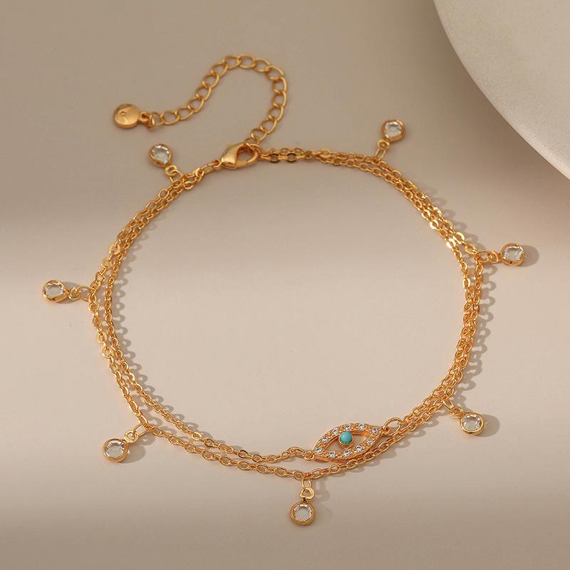 Gold Plated Double Chain Turquoise Evil Eye Dangling CZ Anklet золотой