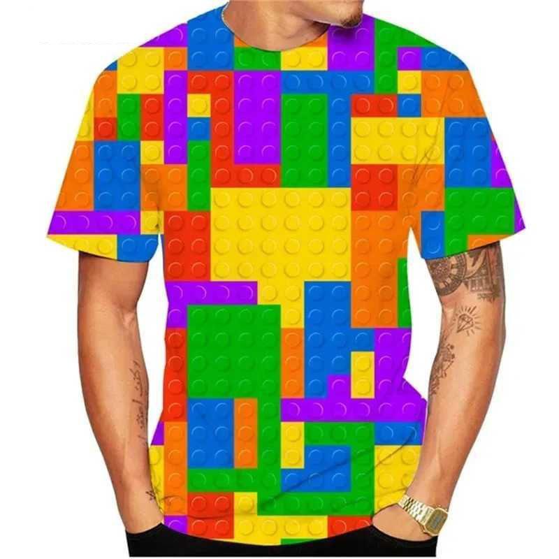 Summer Round Neck 3D Building Blocks Pattern Print T-shirts Fashionable Casual Short Sleeved Men's T-shirts
