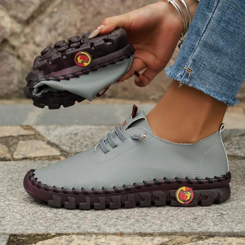 Boty Dámské PU Kůže Mokasíny pro Ženy Pohodlné Nazouvací Baleríny Ručně Šitá Nit Lehké Boty pro Maminku Zapatillas De Mujer