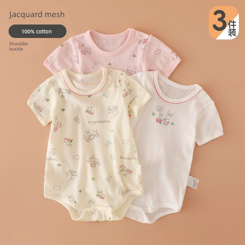 Japanese-Style Baby Romper, Pure Cotton, Thin, Breathable Mesh, Short-Sleeve Jumpsuit for Baby Girls, Summer