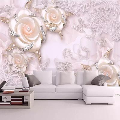 Papier Peint Fleurs Roses 3D Bijoux Perle Murale Salon Chambre Fond TV Papiers Peints Décoration Maison