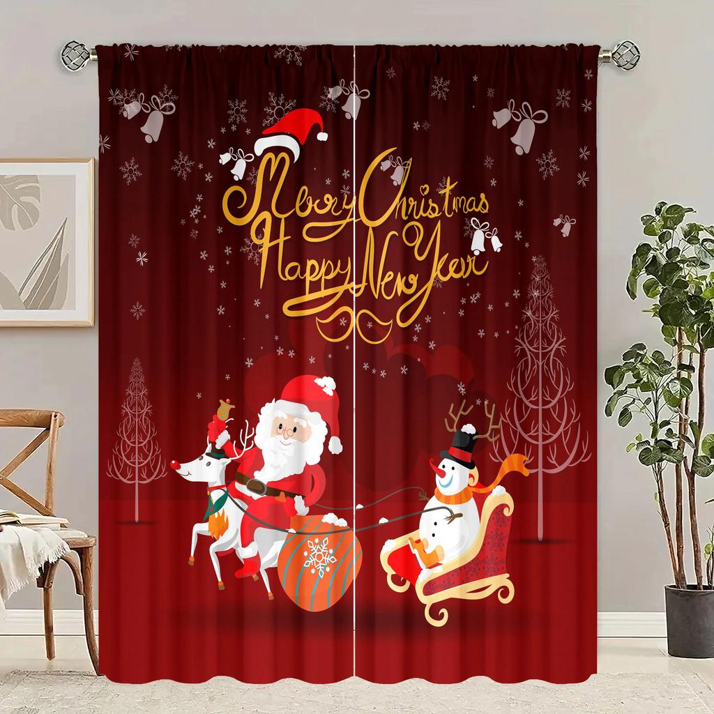 Santa Claus Sleigh Car Printing Curtain Polyester Material Suitable Bedroom Living Room Study Priva Curtains Set Of 2 Made Great Decor